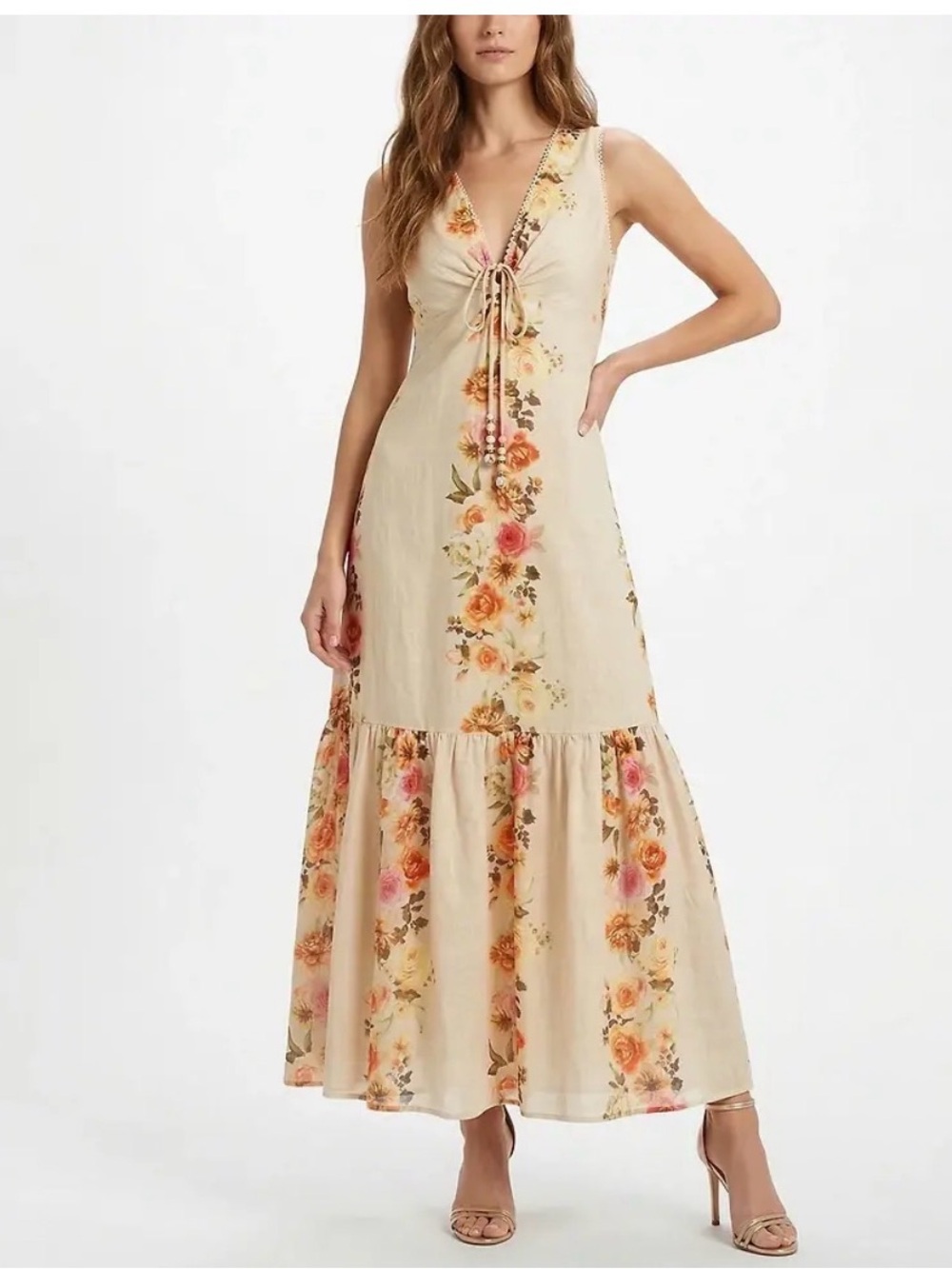 NWT TAYLOR SLEEVELESS KEYHOLE FLORAL YELLOW/RED FLOUNCE MAXI DRESS SIZE 12